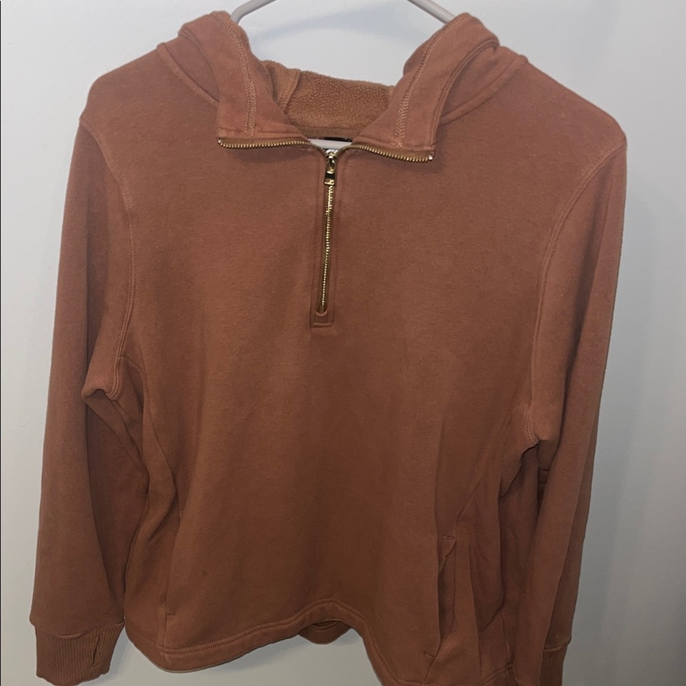 Women’s Brown Half-Zip Sweater with a Hood and Pockets